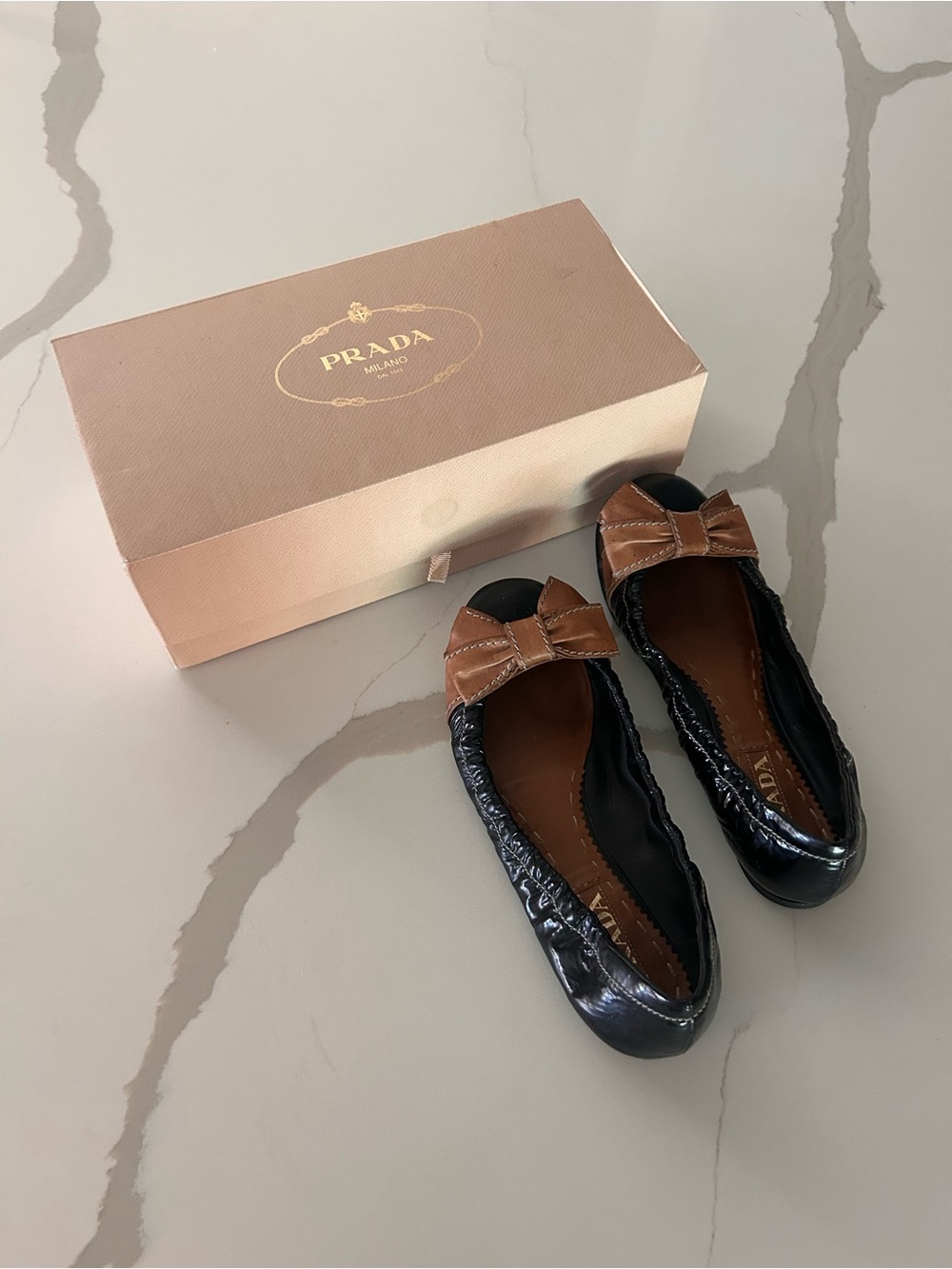 Prada Black Leather Ballet Flats with Tan Bow Accent - Picture 3 of 3